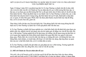 Thông báo 597/TB-VPQH kết luận của Ủy ban thường vụ về chất vấn trả lời chất vấn