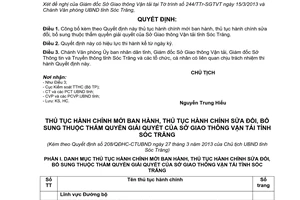 Quyết định 208/QĐHC-CTUBND thủ tục hành chính thuộc thẩm quyền sở giao thông vận tải Sóc Trăng 2013