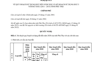 Nghị quyết 40/NQ-CP quy hoạch sử dụng đất tỉnh Phú Thọ đến năm 2020