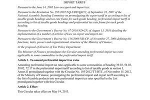 Circular No. 38/2013/TT-BTC amending preferential import tax rates applicable to