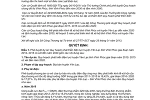 Quyết định số 854/QĐ-UBND năm 2013 Quy hoạch phát triển điện lực huyện Yên Lạc Vĩnh Phúc