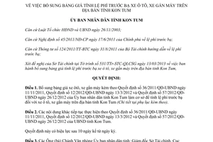 Quyết định 19/2013/QĐ-UBND bổ sung bảng giá tính lệ phí trước bạ xe ô tô gắn máy