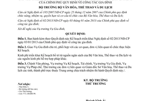 Quyết định 1340/QĐ-BVHTTDL 2013 triển khai 02/2013/NĐ-CP về công tác gia đình