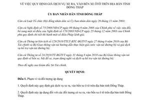 Quyết định 10/2013/QĐ-UBND giá dịch vụ xe ra vào bến xe ô tô Đồng Tháp