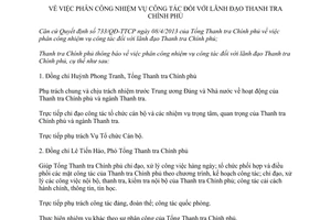 Thông báo 796/TB-TTCP phân công nhiệm vụ công tác đối với lãnh đạo TTCP