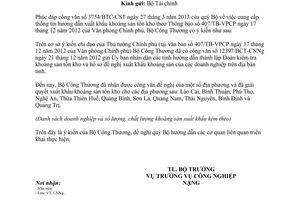 Công văn 2912/BCT-CNNg 2013  cung cấp thông tin xuất khẩu khoáng sản tồn kho