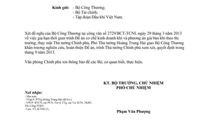 Công văn 2825/VPCP-KTTH Đề án cơ chế kinh doanh khí và phương án giá bán khí