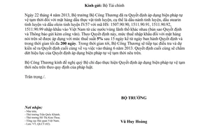 Công văn 3503/BCT-QLCT áp dụng biện pháp tự vệ tạm thời sản phẩm dầu thực vật