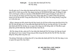 Công văn 3149/VPCP-KTN quy hoạch Dự án Khu Trung tâm Khu đô thị Tây Hồ Tây