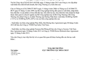 Công văn 3539/BCT-HC xuất khẩu hóa chất để kinh doanh
