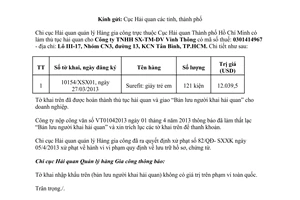 Công văn 1129/GC-SXXK thông báo mất tờ khai hải quan