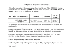 Công văn 1130/GC-SXXK thông báo mất tờ khai hải quan