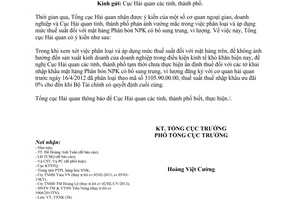 Công văn 2167/TCHQ-TXNK xử lý thuế đối với việc phân loại mặt hàng Phân bón NPK