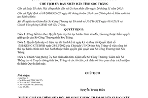 Quyết định 297/QĐHC-CTUBND hành chính thuộc thẩm quyền giải quyết sở công thương Sóc Trăng 2013