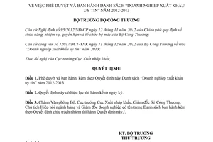 Quyết định 2390/QĐ-BCT danh sách doanh nghiệp xuất khẩu uy tín 2012 2013