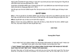 Quyết định số 698/QĐ-UBND cải cách thủ tục hành chính cơ chế một cửa Phú Tân