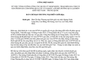 Công điện 3320/CĐ-BCT quản lý nhập khẩu gia cầm qua cửa khẩu Việt Trung