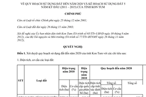 Nghị quyết 54/NQ-CP Quy hoạch sử dụng đất đến năm 2020 địa bàn tỉnh Kon Tum