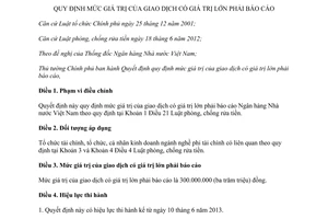 Quyết định 20/2013/QĐ-TTg quy định về giao dịch có giá trị lớn phải báo cáo