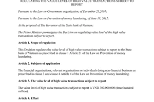 Decision No. 20/2013/QD-TTg regulating the value level of high value transaction