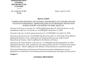 Regulation No. 01/QCLN-TCMT-TCHQ cooperation in environment protection during export import of some articles