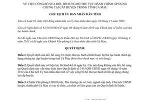 Quyết định 599/QĐ-UBND năm 2013 công bố thủ tục hành chính Cà Mau