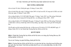 Quyết định 614/QĐ-TTg năm 2013 thành lập Trường Đại học Kiểm sát Hà Nội