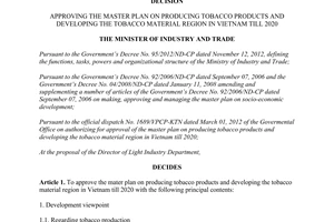 Decision No.1988/QD-BCT approving the master plan on producing tobacco products