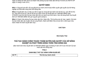 Quyết định số 954/QĐ-UBND sửa đổi Bộ thủ tục hành chính Sở nông nghiệp Đồng Nai