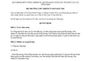 Quyết định 161/QĐ-UBDT cơ cấu tổ chức của Vụ Tổng hợp thuộc Ủy ban Dân tộc