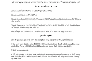 Quyết định 16/2013/QĐ-UBND giá xử lý nước thải trong Khu công nghiệp Hòa Phú