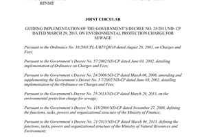 Joint circular No. 63/2013/TTLT-BTC-BTNMT guiding Decree No. 25/2013/ND-CP environmental protection charge sewage