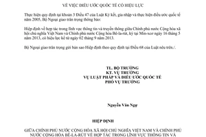 Thông báo 45/2013/TB-LPQT Hiệp định hợp tác lĩnh vực thông tin truyền thông Việt Nam Bêlarút