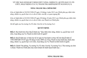 Quyết định 1133/QĐ-TTCP 2013 chức năng nhiệm vụ Vụ Thanh tra khối kinh tế ngành