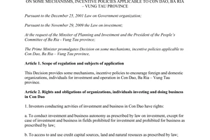 Decision No. 32/2013/QD-TTg mechanisms incentive policies applicable to Con Dao
