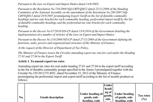 Circular No. 71/2013/TT-BTC amending export tax rates for coal of the heading