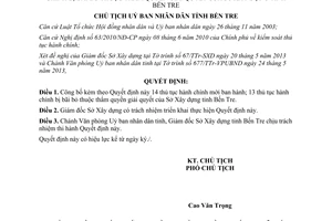 Quyết định 882/QĐ-UBND năm 2013 thủ tục hành chính Sở Xây dựng Bến Tre