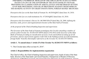 Circular No. 12/2013/TT-NHNN setting up of risk provisions against credit risks
