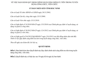 Quyết định 199/2013/QĐ-UBND chính sách cộng điểm ưu tiên tuyển dụng công viên chức Bắc Ninh
