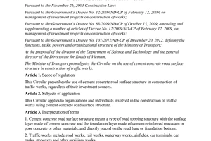 Circular No. 12/2013/TT-BGTVT the use of cement concrete road surface structure in construction of traffic works
