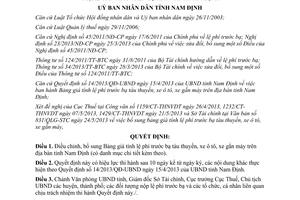 Quyết định 18/2013/QĐ-UBND lệ phí trước bạ tàu thuyền ô tô xe gắn máy Nam Định