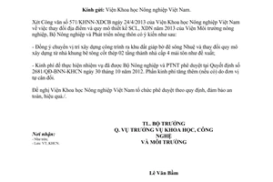 Công văn 2108/BNN-KHCN thay đổi địa điểm quy mô hạng mục nhà làm việc thí nghiệm