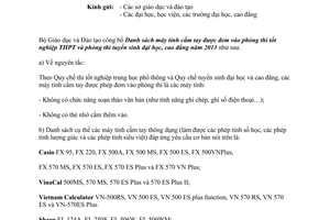 Công văn 3125/BGDĐT-CNTT danh sách máy tính cầm tay được đem vào phòng thi