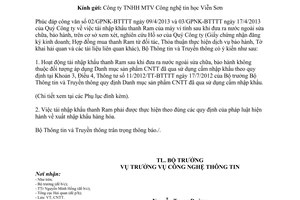 Công văn 1257/BTTTT-CNTT tái nhập khẩu thanh Ram của máy vi tính