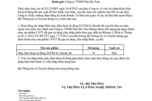 Công văn 1255/BTTTT-CNTT tái nhập khẩu điện thoại di động đã tạm xuất