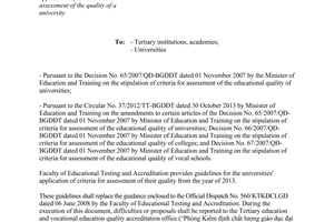 Official Dispatch No. 527/KTKĐCLGD-KĐĐH application criteria assessment quality university 2013