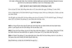 Quyết định 1146/QĐ-UBND năm 2013 thủ tục hành chính mới Sở Giao thông vận tải Bạc Liêu