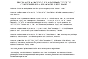 Circular No. 54/2013/TT-BTC management use exploitation of the concentrated rural clean water supply works