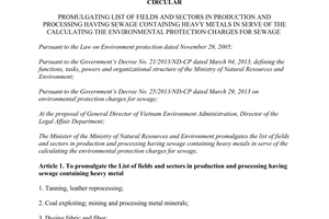 Circular No.06/2013/TT-BTNMT list of fields having sewage containing heavy metal