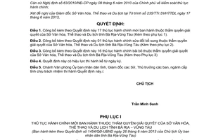 Quyết định 1454/QĐ-UBND 2013 thủ tục hành chính Sở Văn hóa Bà Rịa-Vũng Tàu
